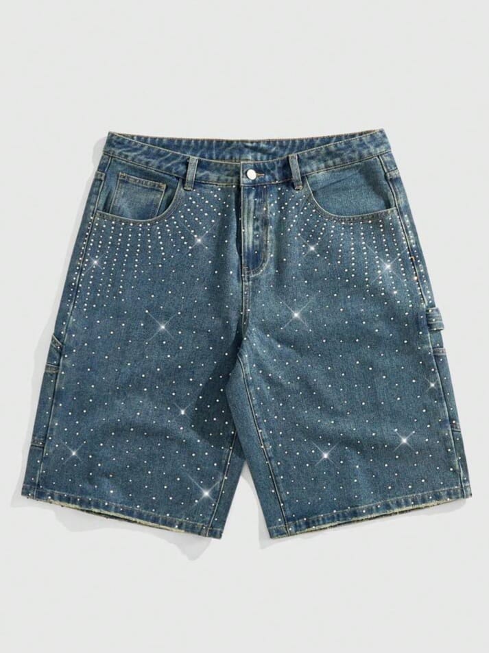 Uptown Funky Street Life Men's Casual Washed Rhinestone Decorate Denim Shorts Jorts